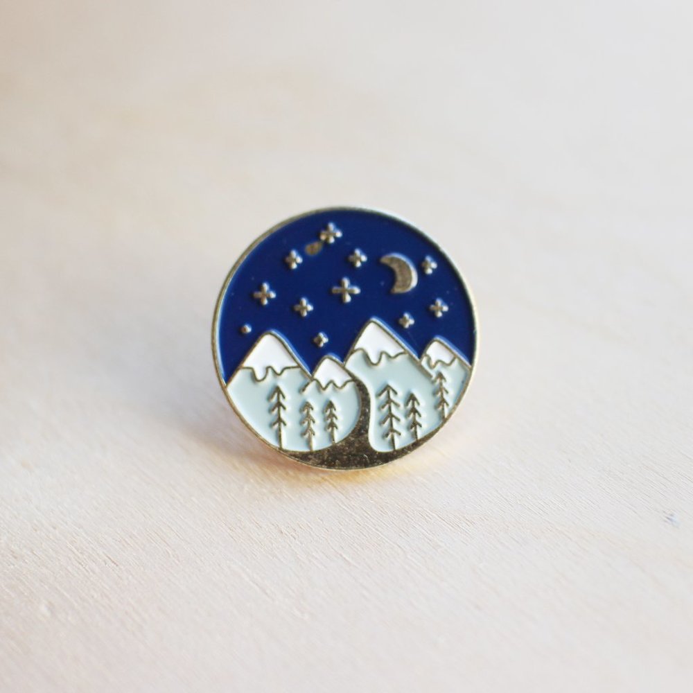 Mountain Outdoor Hiking Camping Starry Sky Moon Trees Lapel Pin